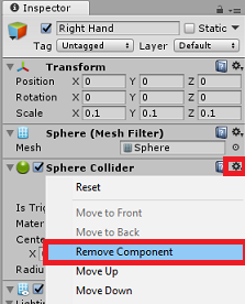 A captura de tela do painel Inspetor, o ícone de engrenagem e Remover componente são realçados na seção Colisor de esfera.