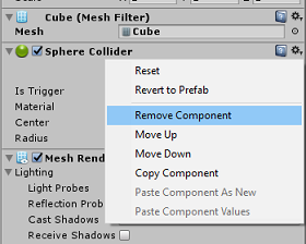 Captura de ecrã do menu Sphere Collider. Remover componente está selecionado.