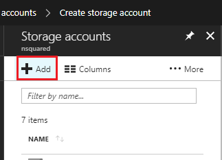 Captura de ecrã da janela do Microsoft Azure, que mostra o ecrã Contas de armazenamento e o botão Adicionar realçado.