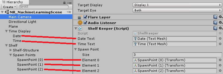 Captura de tela do Painel Hierarquia, que mostra que os itens de menu Data, Hora e os três pontos de desova estão na classe Shelf Keeper.