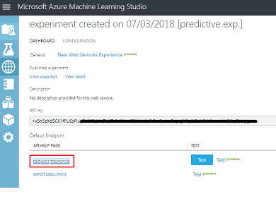 Captura de tela do Estúdio de Aprendizado de Máquina do Microsoft Azure, que mostra o link Solicitar barra de resposta abaixo da página de Ajuda A P I.