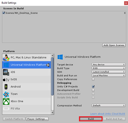 Captura de ecrã que mostra a janela Build Settings com a Plataforma Universal do Windows selecionada e o botão 'Build' realçado no canto inferior direito.