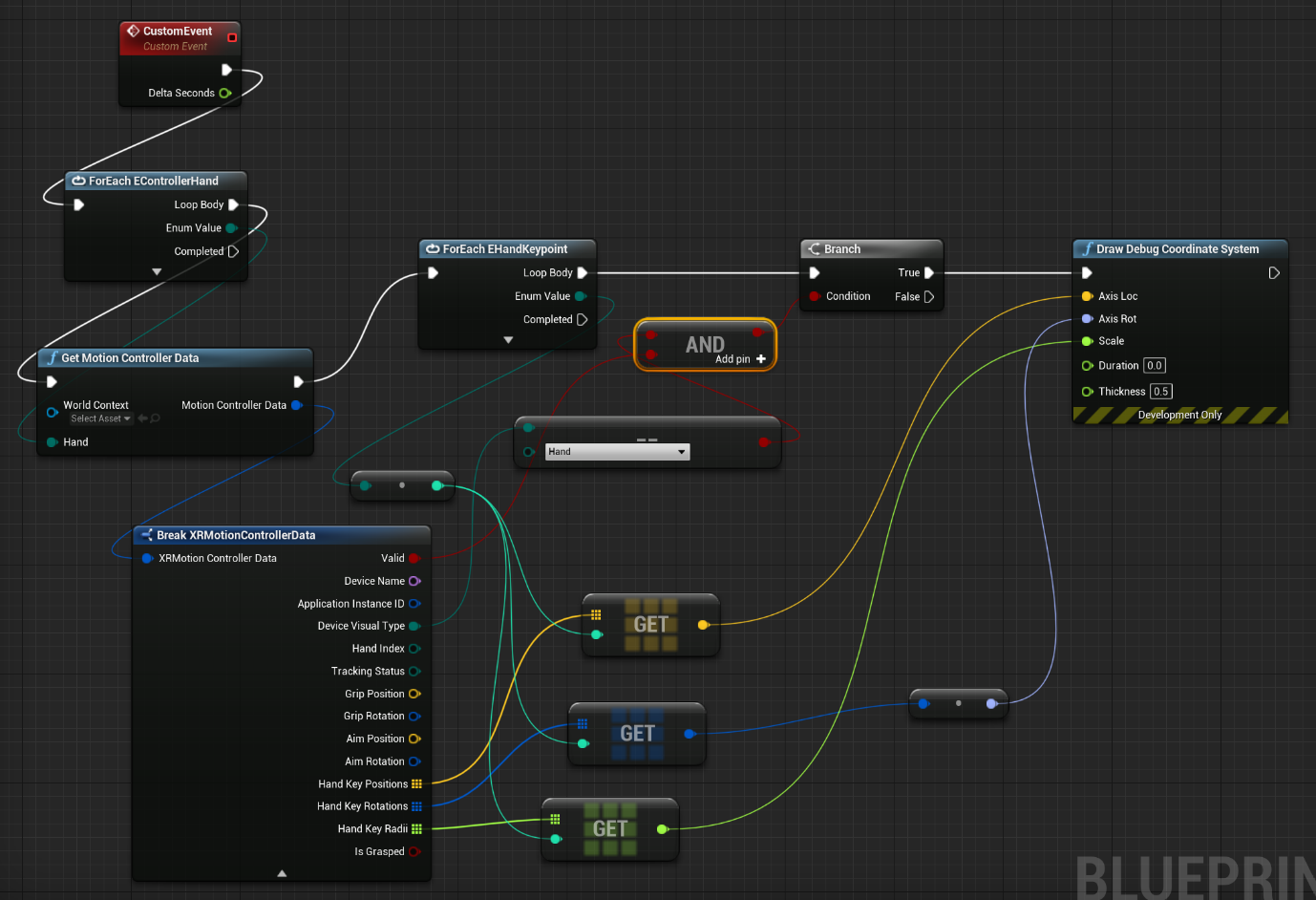 Blueprint da função get gaze data conectada ao rastreamento de linha por função de canal