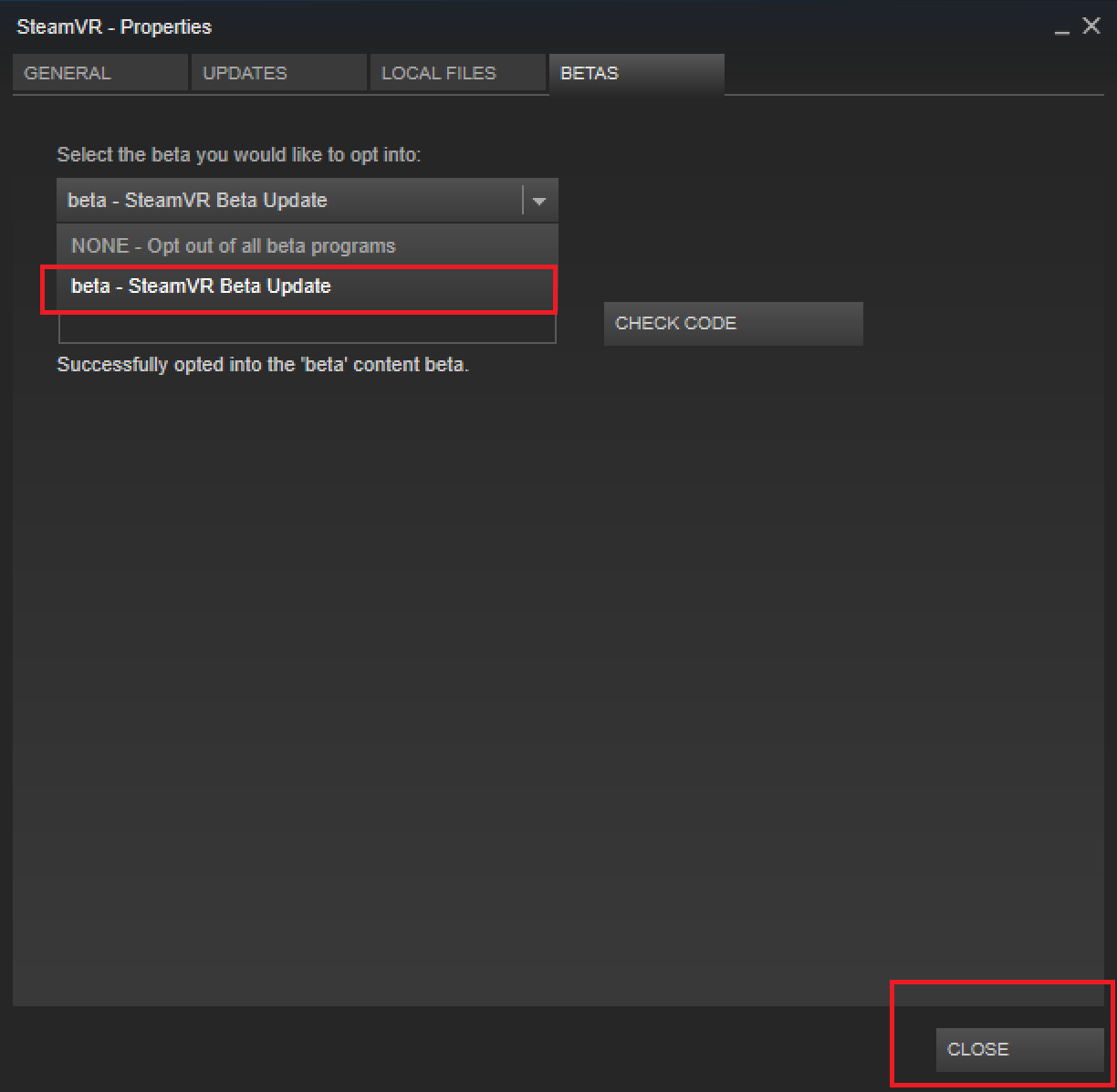 Mudar para a versão beta do SteamVR na caixa de diálogo de propriedades do SteamVR