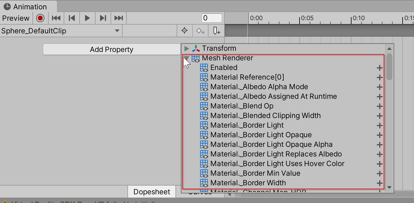 Propriedades de animação do compositor de malha na janela Animator