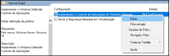 Edite o Política de Grupo do Controlo de Aplicações para Empresas.