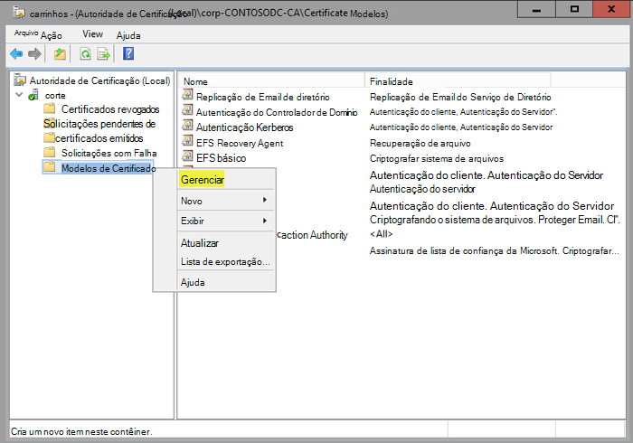 Snap-in de AC a mostrar Modelos de Certificado.