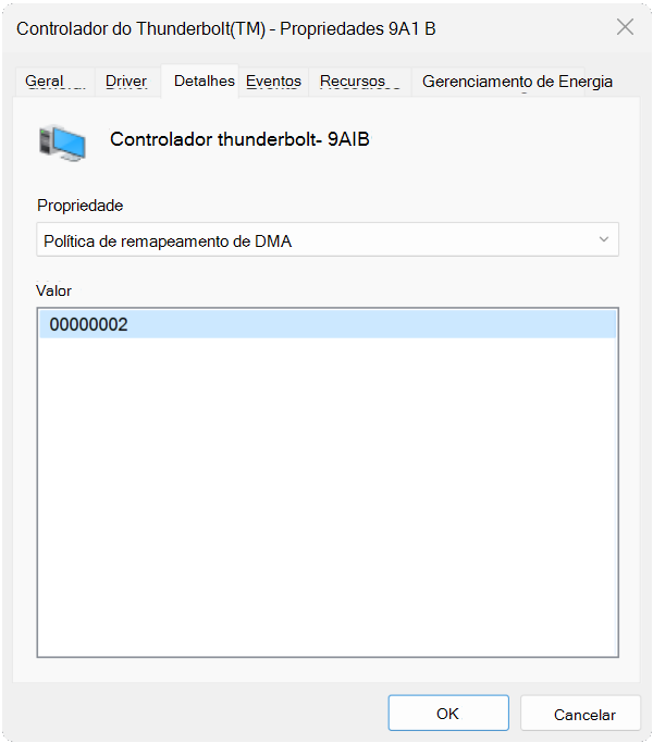 Captura de tela dos detalhes do dispositivo para um controlador Thunderbolt mostrando um valor de 2.