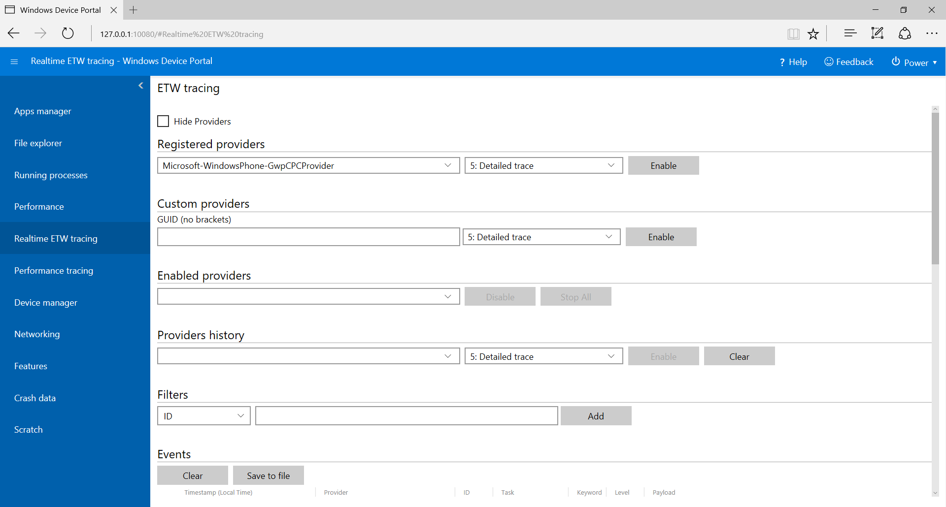 Página de registro em log de ETW do Portal de Dispositivos