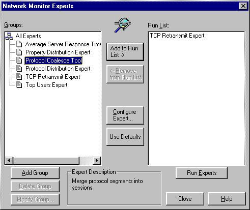 caixa de diálogo de especialistas em monitor de rede