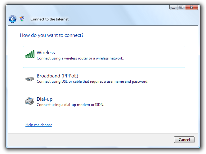 Captura de tela que mostra uma caixa de diálogo 'Conectar-se à Internet' com links de comando 'Wireless', 'Broadband (PPPoE)' e 'Dial-up'.