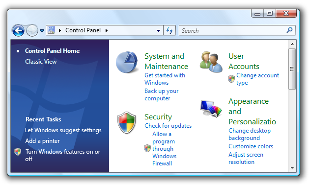 captura de tela do painel de controle com o logotipo do Windows 