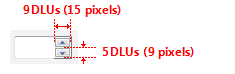 Captura de tela que mostra a largura e a altura dos botões de seleção para cima e para baixo, medindo 9 DLUs (15 pixels) de largura por 5 DLUs (9 pixels) de altura.