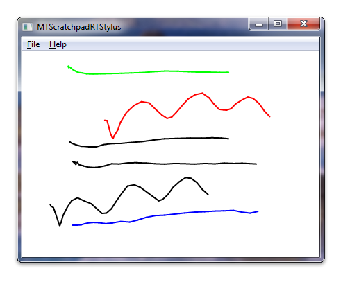 captura de tela mostrando o exemplo de bloco de rascunho de toque do Windows usando a caneta em tempo real, com um verde, um vermelho, três pretos e uma linha azul na tela