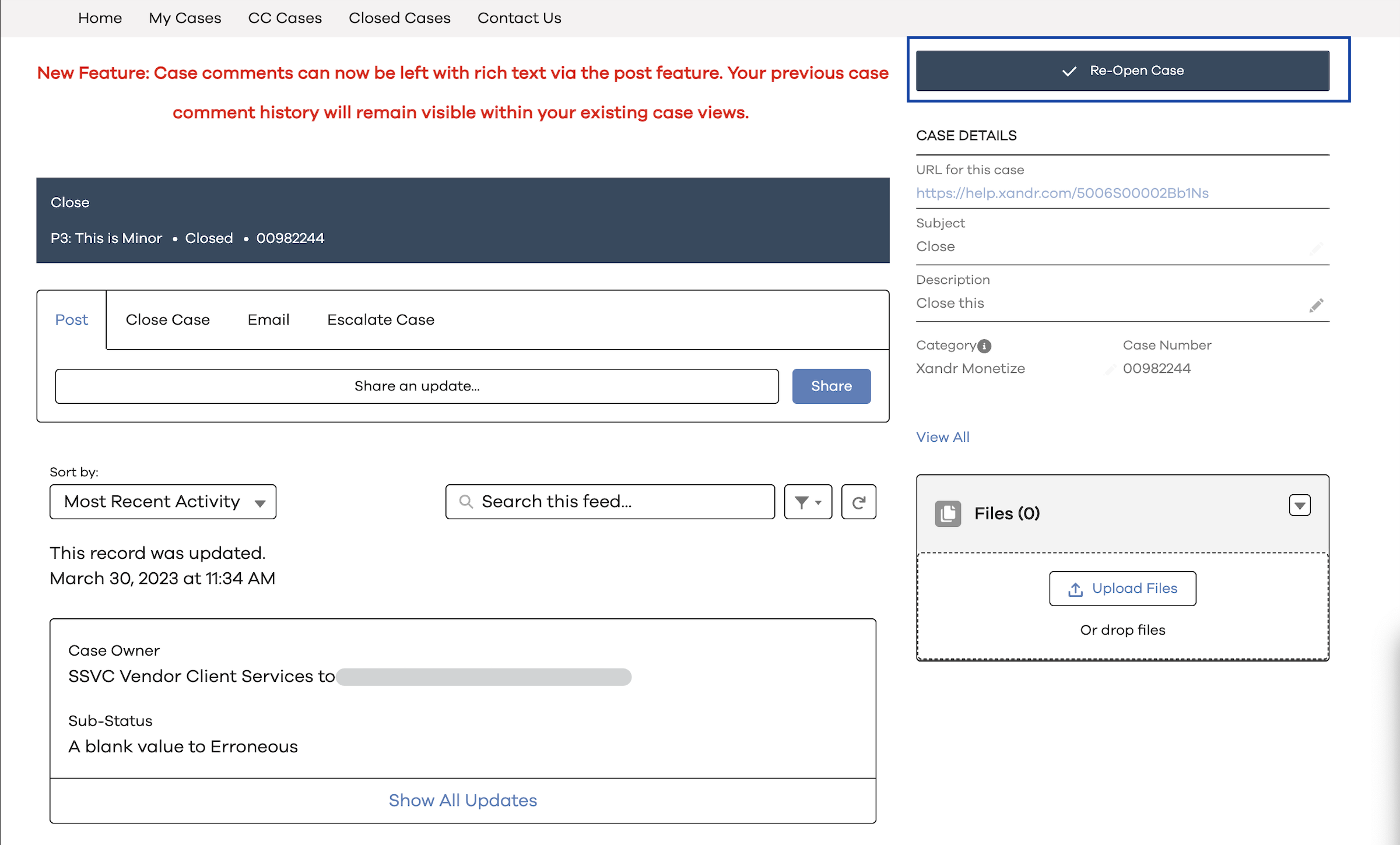 Screenshot of the Re-Open case view.