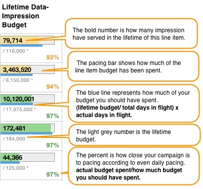 Screenshot that illustrates the Lifetime Pacing bar for the lifetime data impression budget.