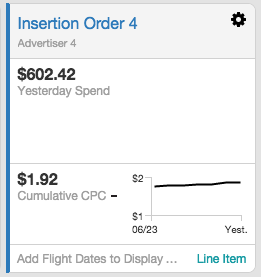 Screenshot that shows a card in the No Flight Dates state only shows a value for Yesterday Spend.