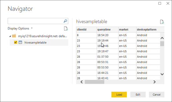 Интерактивный запрос HdInsight Power BI hivesampletable.