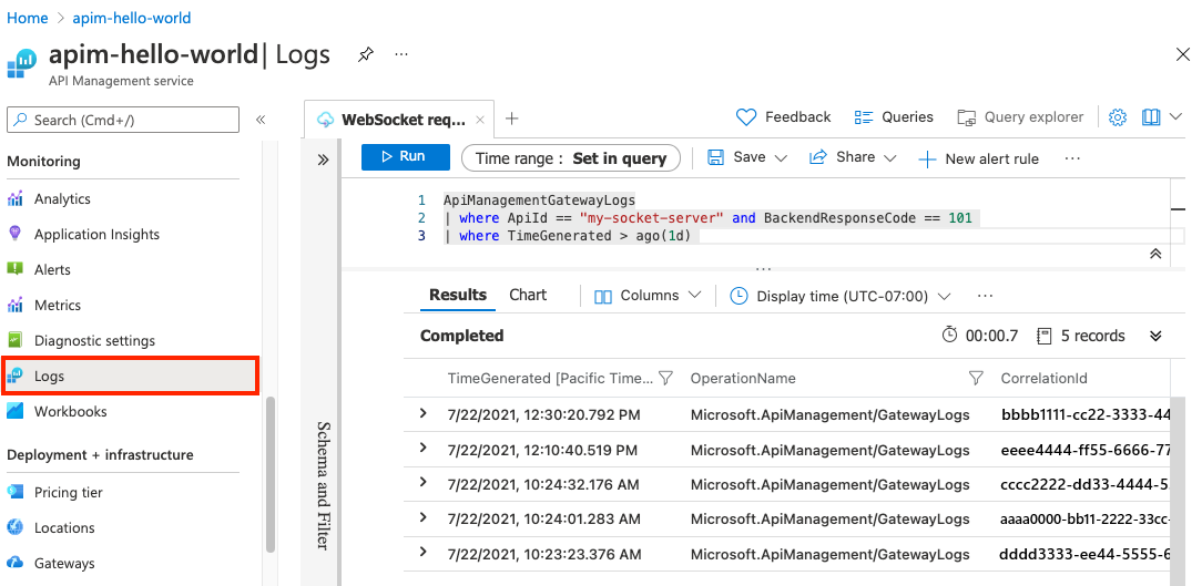 Журналы запросов API WebSocket