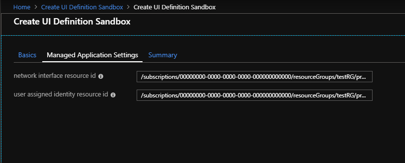 Снимок экрана: пример createUiDefinition.json с двумя входными данными: идентификатором ресурса сетевого интерфейса и идентификатором ресурса управляемого удостоверения, назначаемого пользователем.
