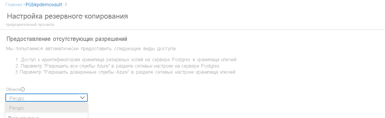 Снимок экрана: определение области предоставления разрешения доступа.