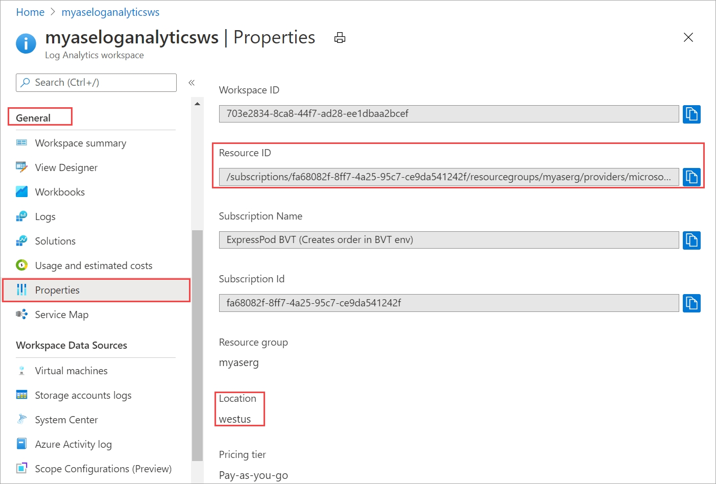 Свойства рабочей области Log Analytics