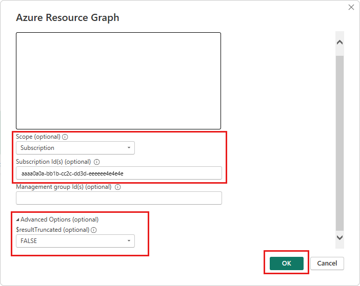 Снимок экрана: диалоговое окно Azure Resource Graph Power BI Desktop для запроса с помощью необязательных параметров для область, идентификатора подписки и $resultTruncated.