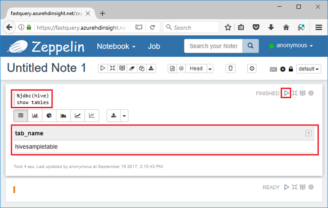 HdInsight Interactive Query zeppelin выполняет запрос.