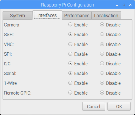 Снимок экрана: конфигурация для включения I2C и SSH на Raspberry Pi.