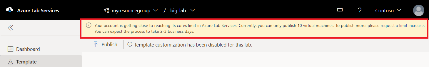 Снимок экрана: предупреждение о лимите на число ядер в Службах лабораторий Azure.
