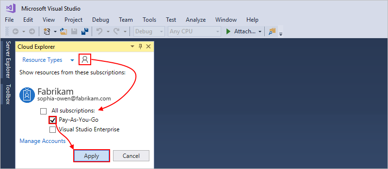 Снимок экрана: Visual Studio, Cloud Explorer и выбранный значок управления учетными записями.