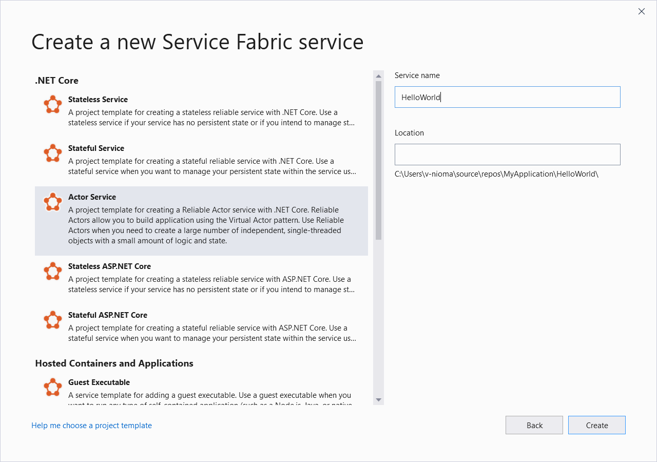 Шаблоны проекта Service Fabric