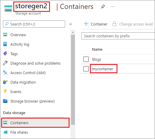 Снимок экрана с учетной записью хранения Azure Data Lake Storage 2-го поколения.