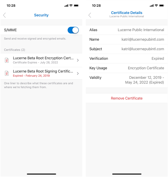 Снимок экрана: экран сведений о сертификате Outlook для iOS.