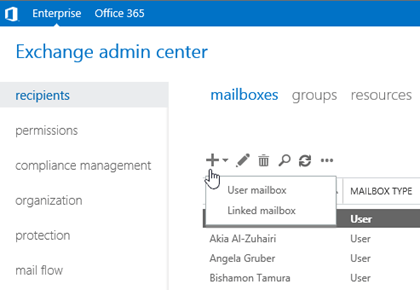 В EAC щелкните Получатели, Почтовые ящики, Создать, Ключевые слова: Создать почтовый ящик Exchange.