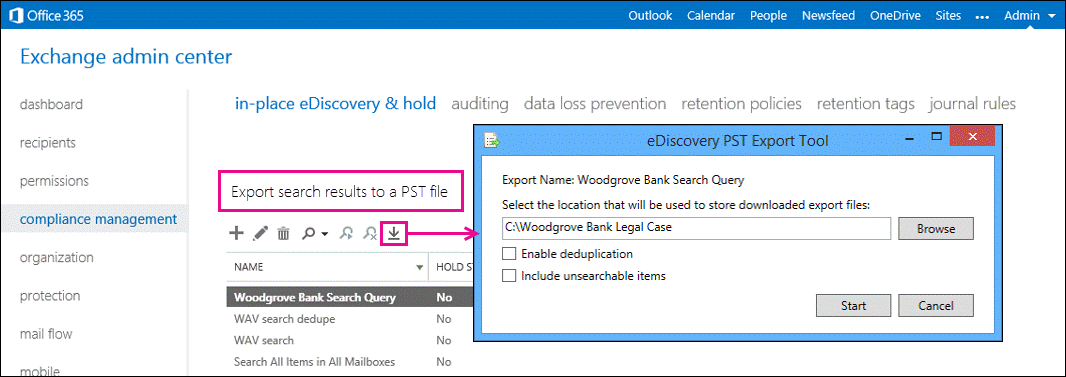 Экспортируйте результаты поиска eDiscovery в PST-файл.