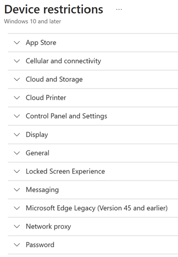 Все параметры ограничений устройств для устройств с Windows в Microsoft Intune.