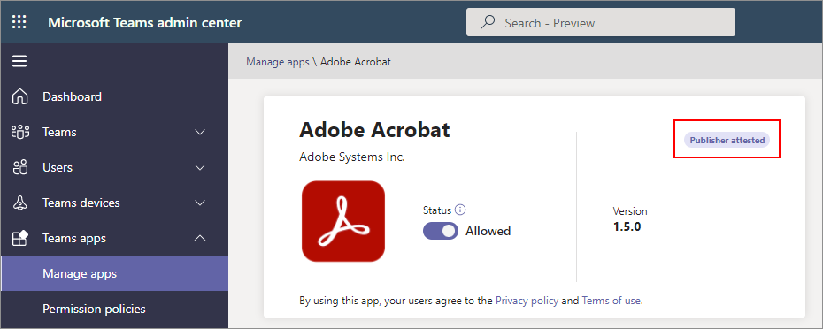 В центре администрирования Teams значок аттестации издателя отображается во всех аттестованных приложениях.
