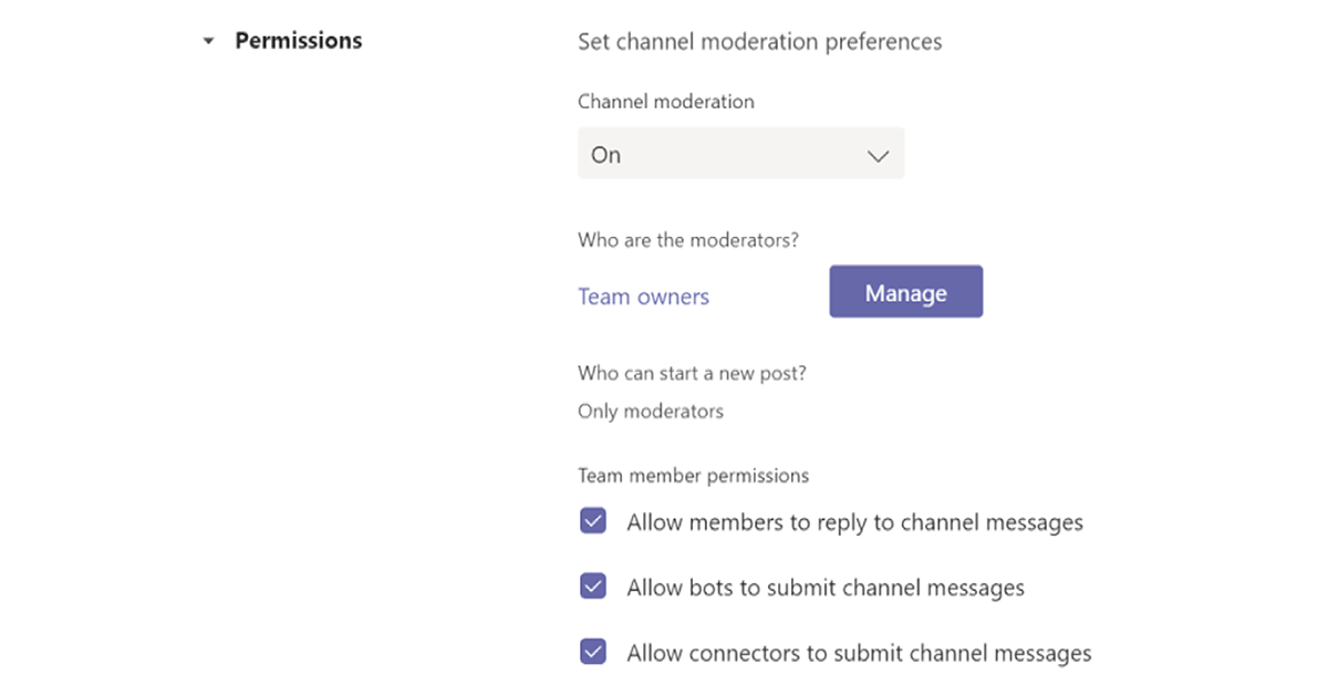 Снимок экрана: страница, на которой можно определить параметры модерации каналов Teams.