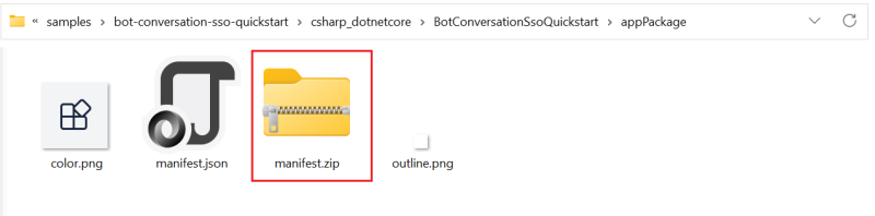 Снимок экрана: папка Manifest с zip-папкой Teams Bot, выделенной красным цветом.