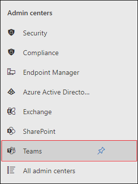 Снимок экрана: центры Администратор с параметром Teams, выделенным красным цветом.