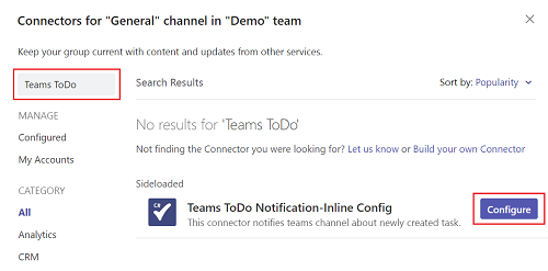 Снимок экрана: канал Connectors for General в демонстрационной команде с выделенными красным цветом TeamsToDo и Configure.