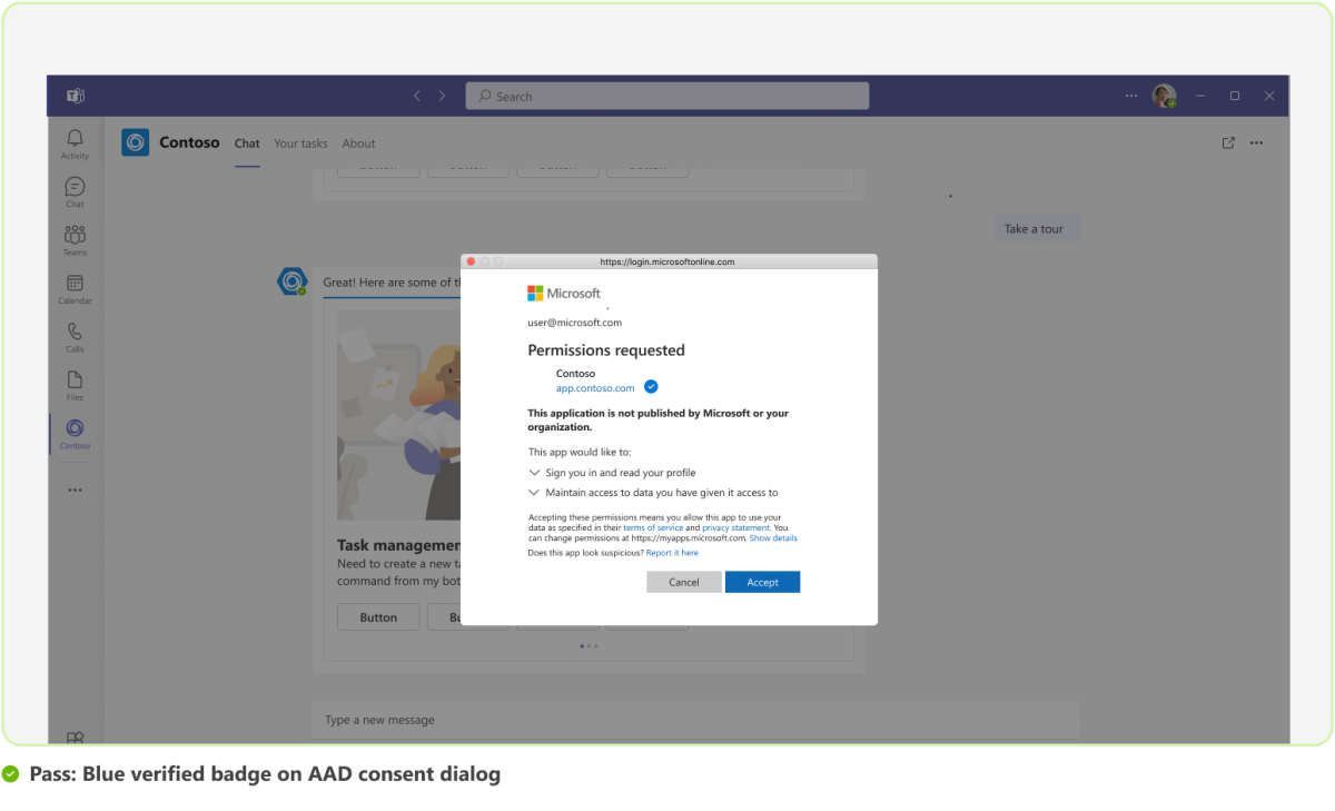 На рисунке показан пример синего проверенного значка в диалоговом окне согласия Microsoft Entra.