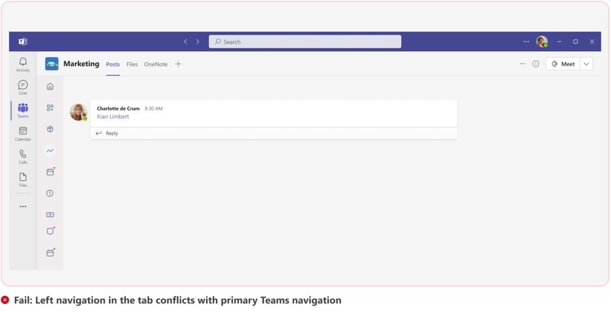 На рисунке показан пример левой панели навигации, конфликтующей с основной навигацией Teams.