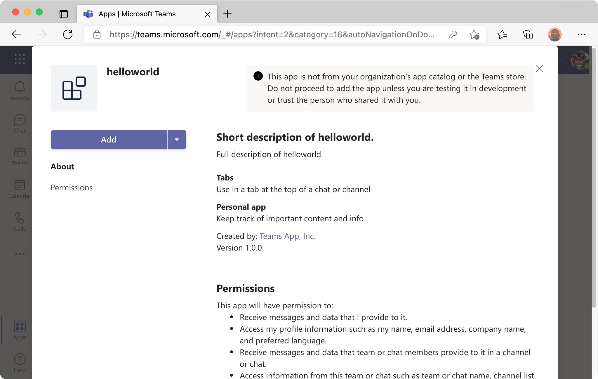 Снимок экрана: диалоговое окно сведений о приложении для добавления приложения-вкладки в Teams.