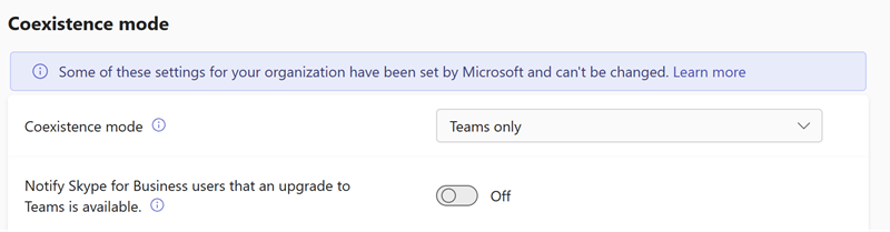 Снимок экрана: параметры режима сосуществования обновления Teams в Центре администрирования Teams.