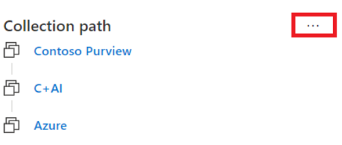 Снимок экрана: окно ресурсов портала управления Microsoft Purview с выделенным путем к коллекции и кнопкой с многоточием рядом с выбранным путьом к коллекции.