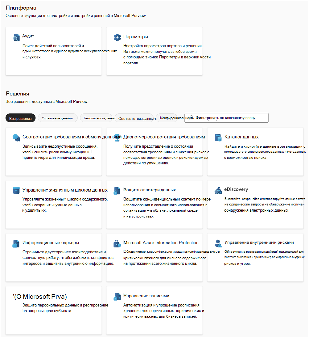 Страница решений на портале Microsoft Purview.