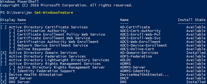 Результаты команды Get-WindowsFeature