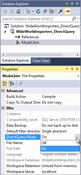 Включение режима DirectQuery в Visual Studio